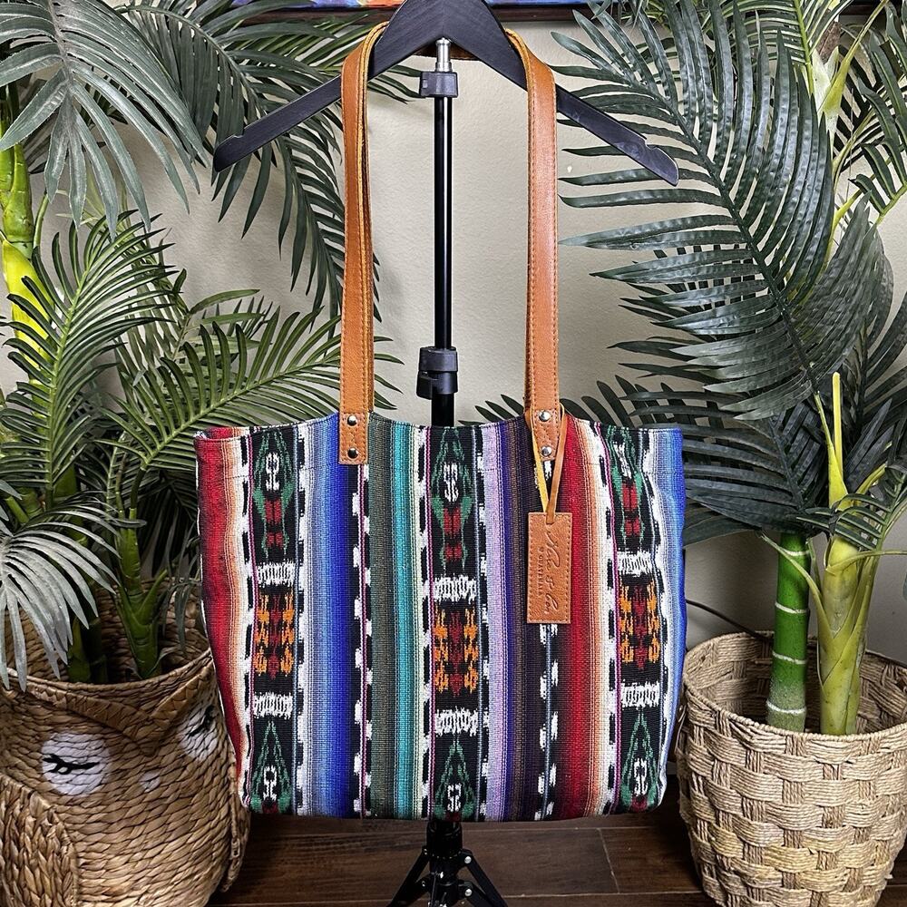 Nena & Co. Tote Bag Woven Leather Tribal Aztec Guatemala Boho Southwest - Picture 3 of 14